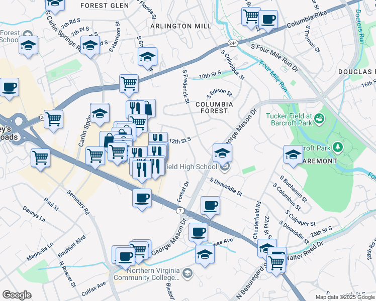 map of restaurants, bars, coffee shops, grocery stores, and more near 1212 South Forest Drive in Arlington