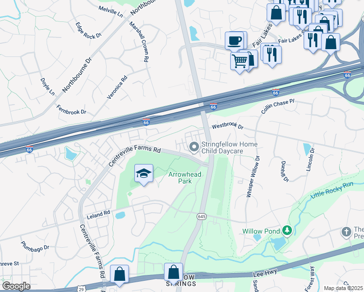 map of restaurants, bars, coffee shops, grocery stores, and more near 5305 Granite Step Trail in Centreville
