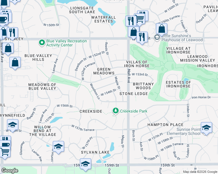 map of restaurants, bars, coffee shops, grocery stores, and more near 5701 West 154th Street in Overland Park