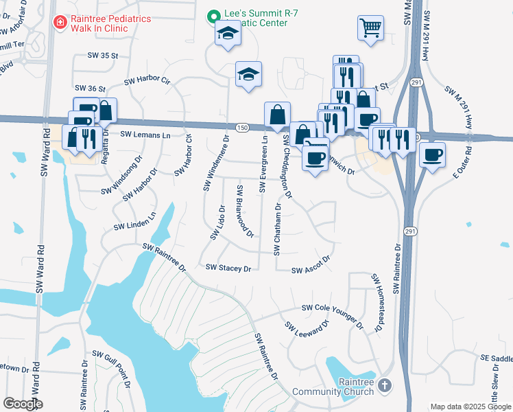 map of restaurants, bars, coffee shops, grocery stores, and more near 3833 Southwest Briarwood Circle in Lee's Summit