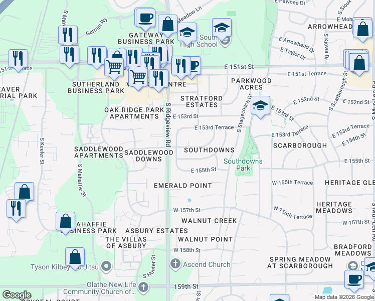map of restaurants, bars, coffee shops, grocery stores, and more near 1313 East 154th Terrace in Olathe