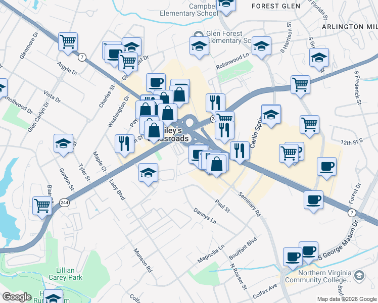 map of restaurants, bars, coffee shops, grocery stores, and more near 5914 Seminary Road in Falls Church