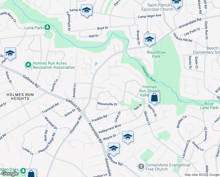 map of restaurants, bars, coffee shops, grocery stores, and more near 7400 Austin Street in Annandale