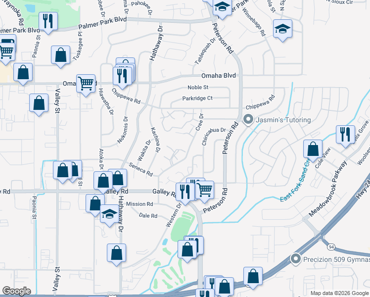 map of restaurants, bars, coffee shops, grocery stores, and more near 1214 Cree Drive in Colorado Springs