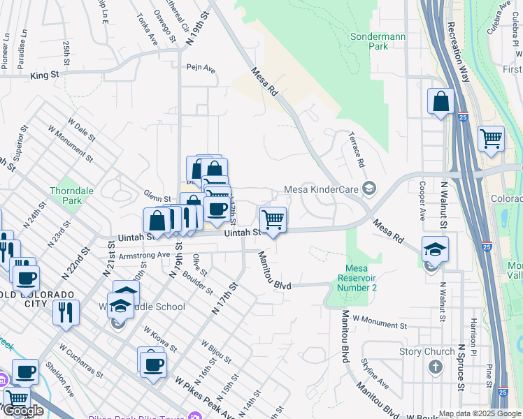 map of restaurants, bars, coffee shops, grocery stores, and more near 1562 Gatehouse Circle South in Colorado Springs