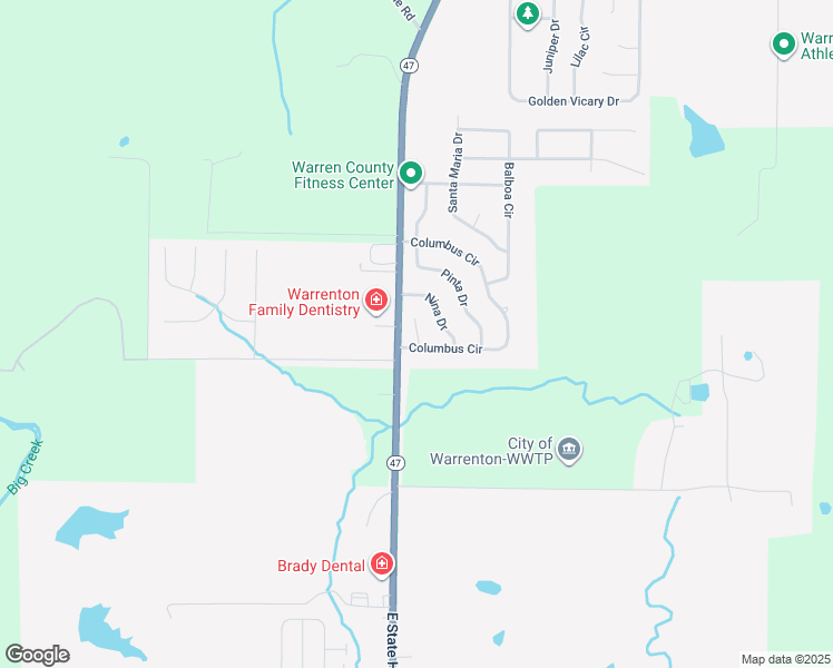 map of restaurants, bars, coffee shops, grocery stores, and more near 1104 Columbus Circle in Warrenton