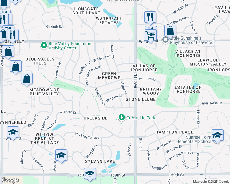 map of restaurants, bars, coffee shops, grocery stores, and more near 5701 West 154th Street in Overland Park