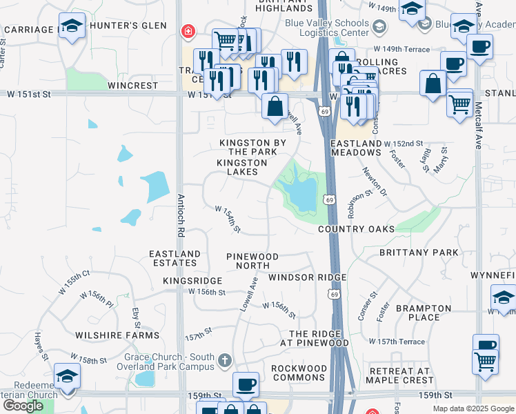 map of restaurants, bars, coffee shops, grocery stores, and more near 7905 West 153rd Terrace in Overland Park