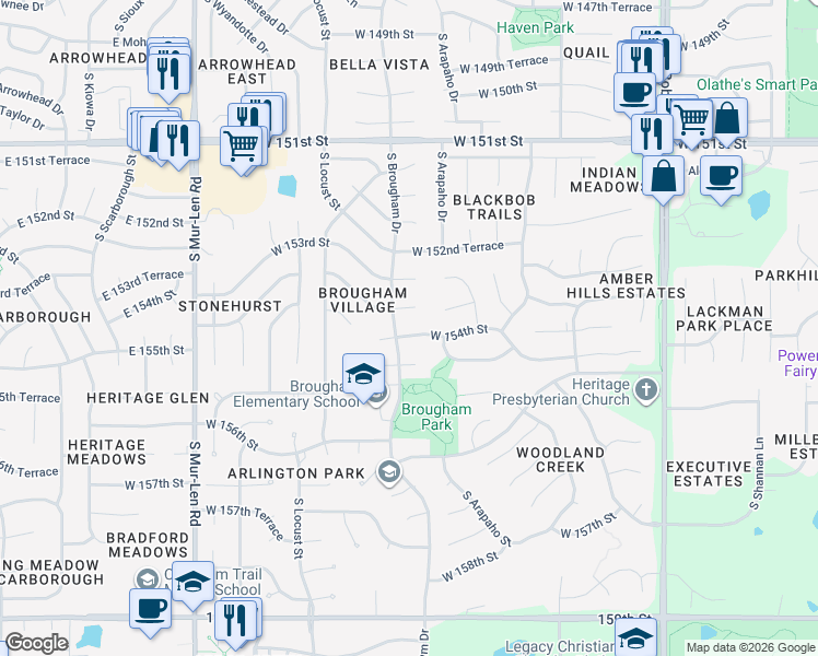 map of restaurants, bars, coffee shops, grocery stores, and more near 15917 West 154th Street in Olathe