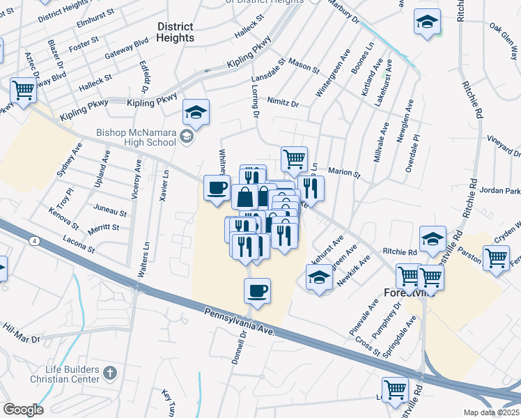 map of restaurants, bars, coffee shops, grocery stores, and more near 2950 Donnell Drive in Forestville
