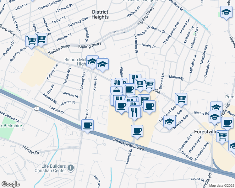 map of restaurants, bars, coffee shops, grocery stores, and more near 3101 Donnell Drive in District Heights