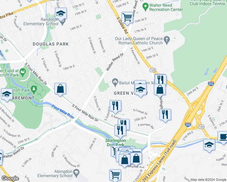 map of restaurants, bars, coffee shops, grocery stores, and more near 2127 South Oakland Street in Arlington