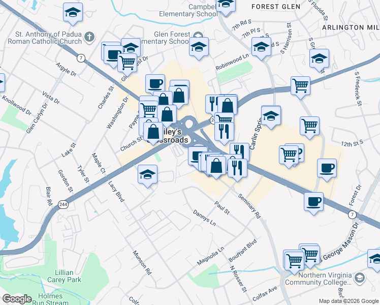map of restaurants, bars, coffee shops, grocery stores, and more near 5914 Seminary Road in Falls Church