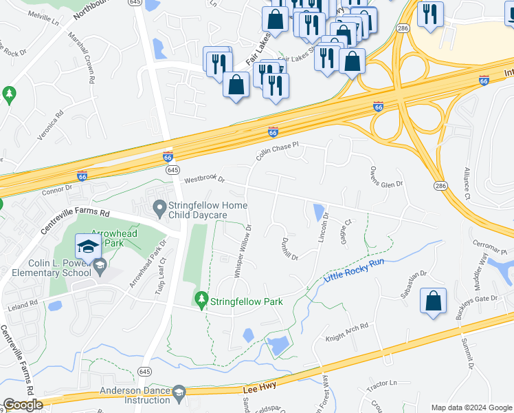map of restaurants, bars, coffee shops, grocery stores, and more near 5013 Whisper Willow Drive in Fairfax