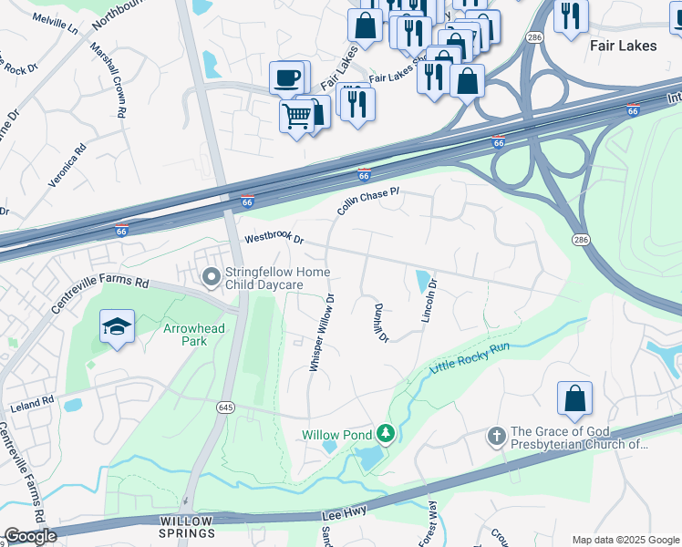map of restaurants, bars, coffee shops, grocery stores, and more near 5013 Whisper Willow Drive in Fairfax