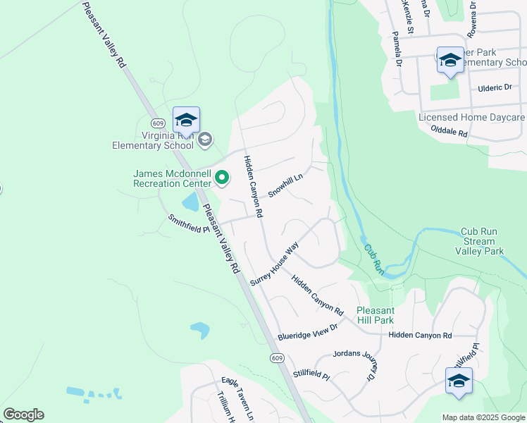map of restaurants, bars, coffee shops, grocery stores, and more near 6185 Hidden Canyon Road in Centreville