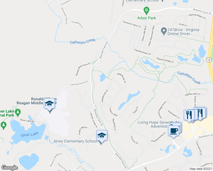 map of restaurants, bars, coffee shops, grocery stores, and more near 15617 Alderbrook Drive in Haymarket