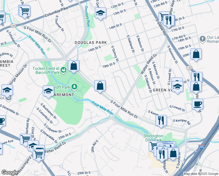 map of restaurants, bars, coffee shops, grocery stores, and more near 4089 South Four Mile Run Drive in Arlington