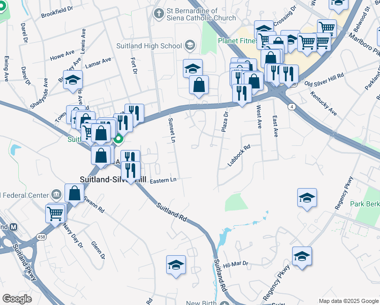 map of restaurants, bars, coffee shops, grocery stores, and more near 2754 Sweetwater Court in District Heights