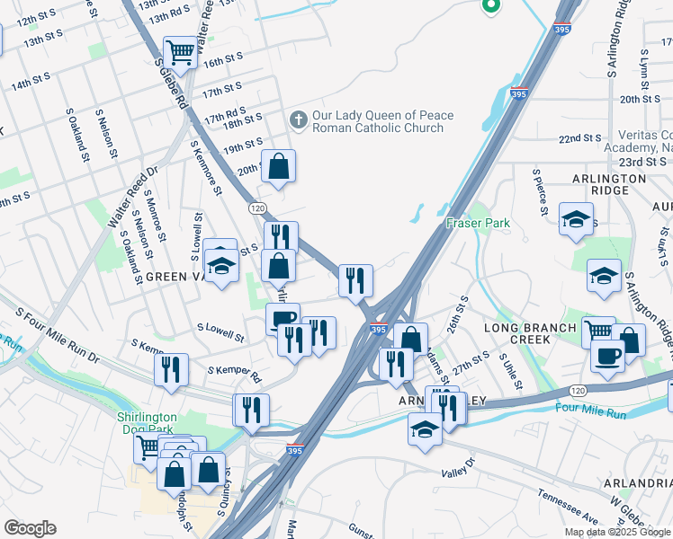 map of restaurants, bars, coffee shops, grocery stores, and more near 2405 South Glebe Road in Arlington