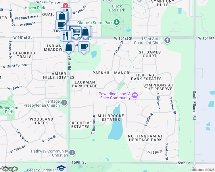 map of restaurants, bars, coffee shops, grocery stores, and more near 15436 South Alcan Street in Olathe