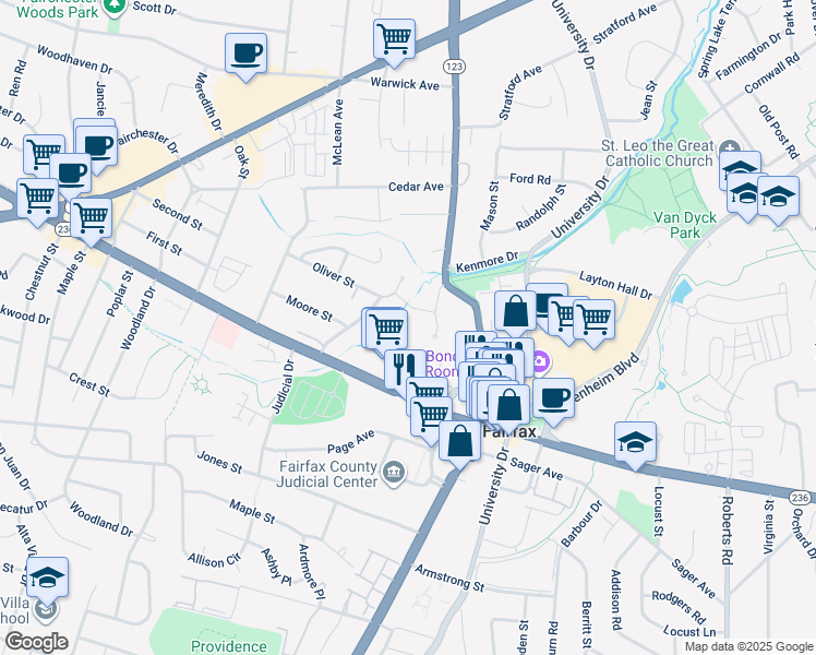 map of restaurants, bars, coffee shops, grocery stores, and more near 10570 Main Street in Fairfax
