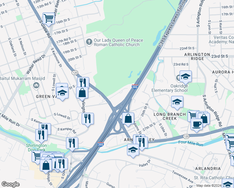 map of restaurants, bars, coffee shops, grocery stores, and more near 2405 24th Road South in Arlington