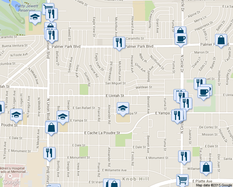 map of restaurants, bars, coffee shops, grocery stores, and more near 1129 Alexander Road in Colorado Springs