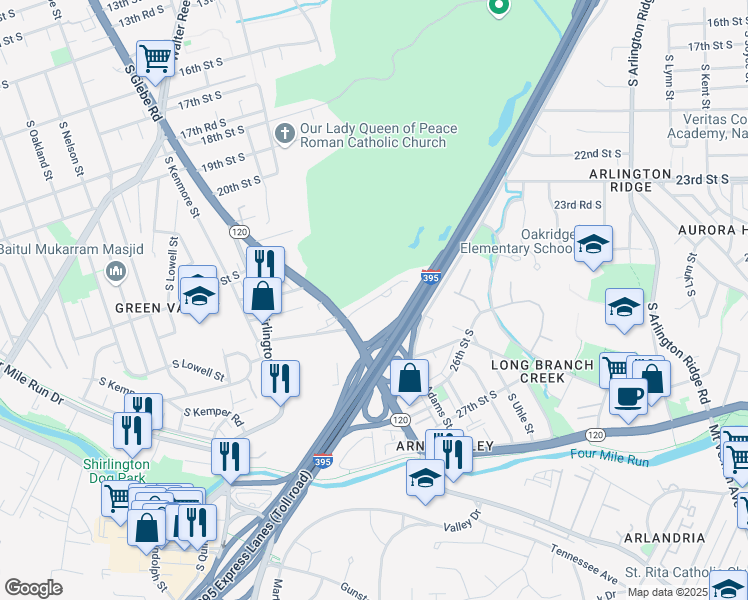 map of restaurants, bars, coffee shops, grocery stores, and more near 2403 24th Road South in Arlington