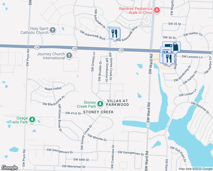 map of restaurants, bars, coffee shops, grocery stores, and more near 1305 Southwest Pebble Lane in Lee's Summit