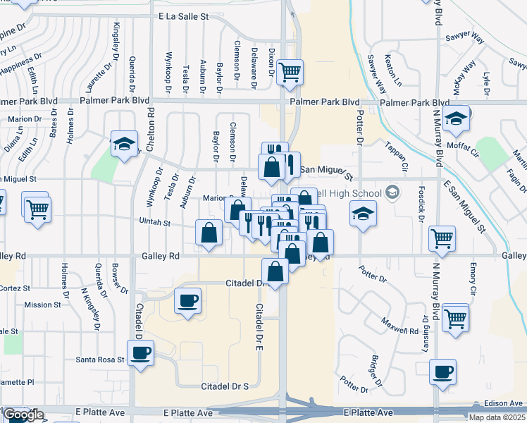 map of restaurants, bars, coffee shops, grocery stores, and more near 1106 North Academy Boulevard in Colorado Springs
