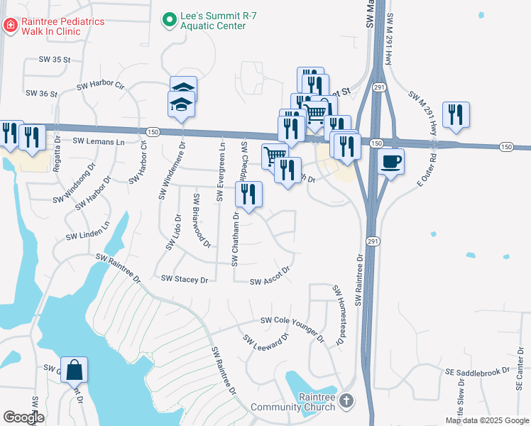 map of restaurants, bars, coffee shops, grocery stores, and more near 301 Southwest Chatham Circle in Lee's Summit