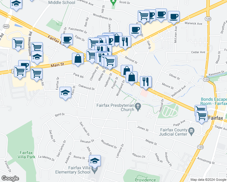 map of restaurants, bars, coffee shops, grocery stores, and more near 4023 Poplar Street in Fairfax