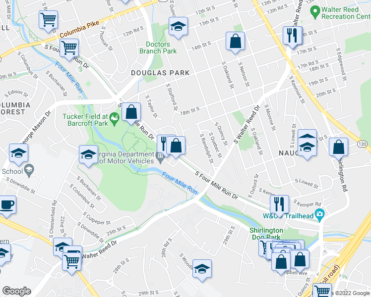 map of restaurants, bars, coffee shops, grocery stores, and more near 4155 South Four Mile Run Drive in Arlington