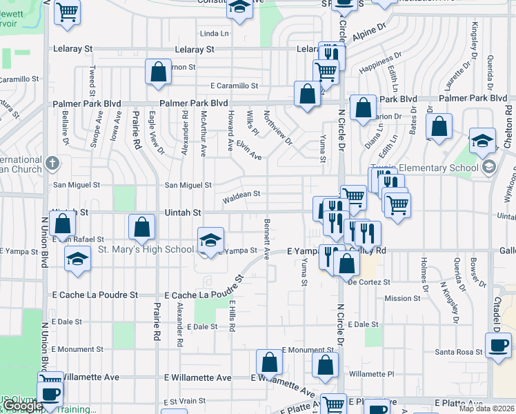 map of restaurants, bars, coffee shops, grocery stores, and more near 2575 East Uintah Street in Colorado Springs