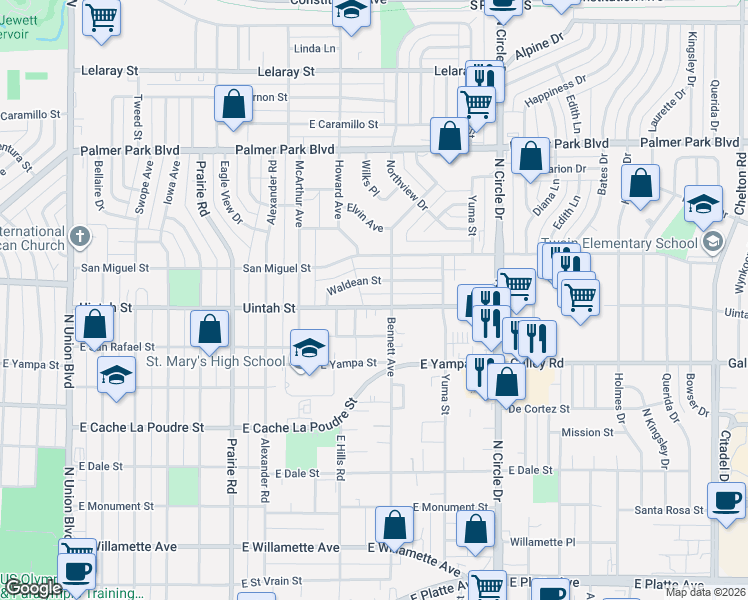 map of restaurants, bars, coffee shops, grocery stores, and more near 2575 East Uintah Street in Colorado Springs