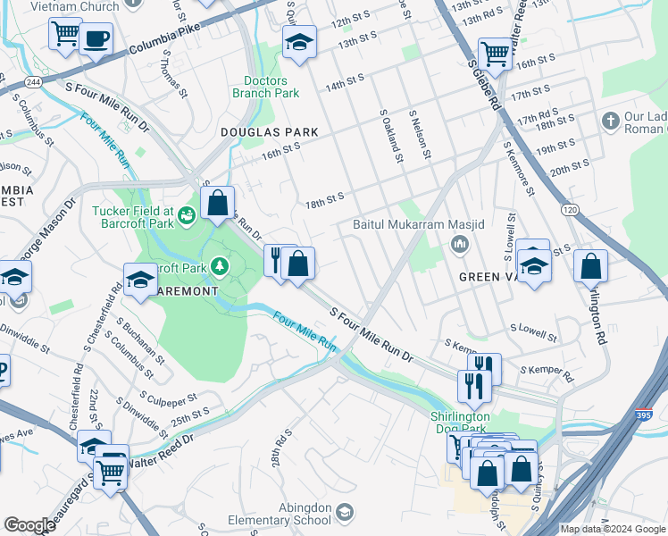map of restaurants, bars, coffee shops, grocery stores, and more near 4091 South Four Mile Run Drive in Arlington