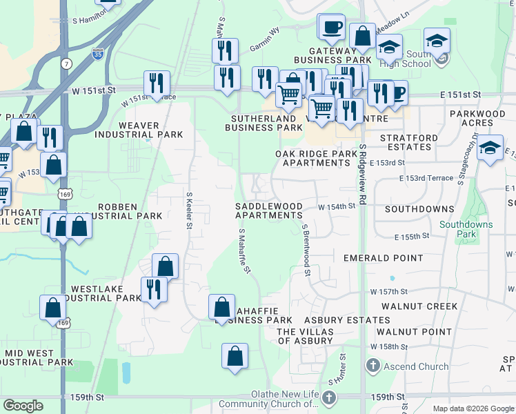 map of restaurants, bars, coffee shops, grocery stores, and more near 15430 South Mahaffie Street in Olathe
