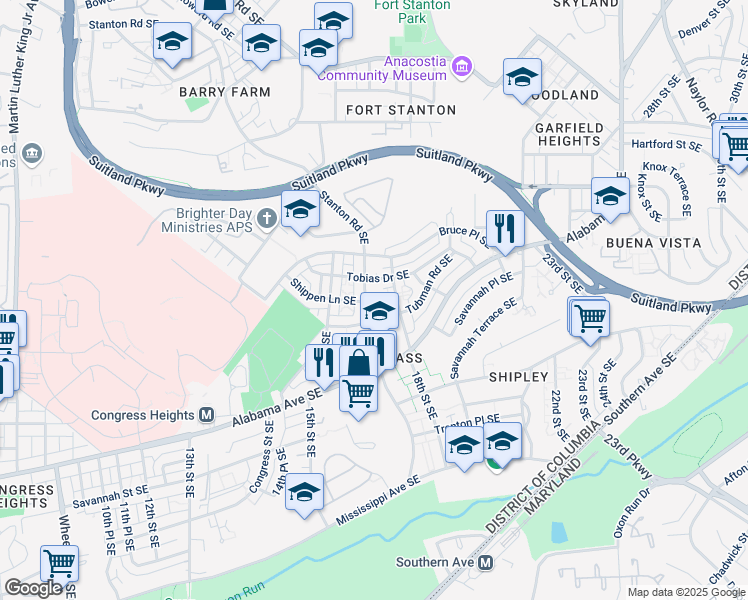 map of restaurants, bars, coffee shops, grocery stores, and more near 3240 Stanton Road Southeast in Washington