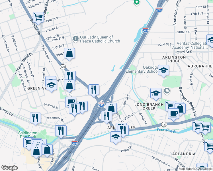 map of restaurants, bars, coffee shops, grocery stores, and more near 2300 24th Road South in Arlington