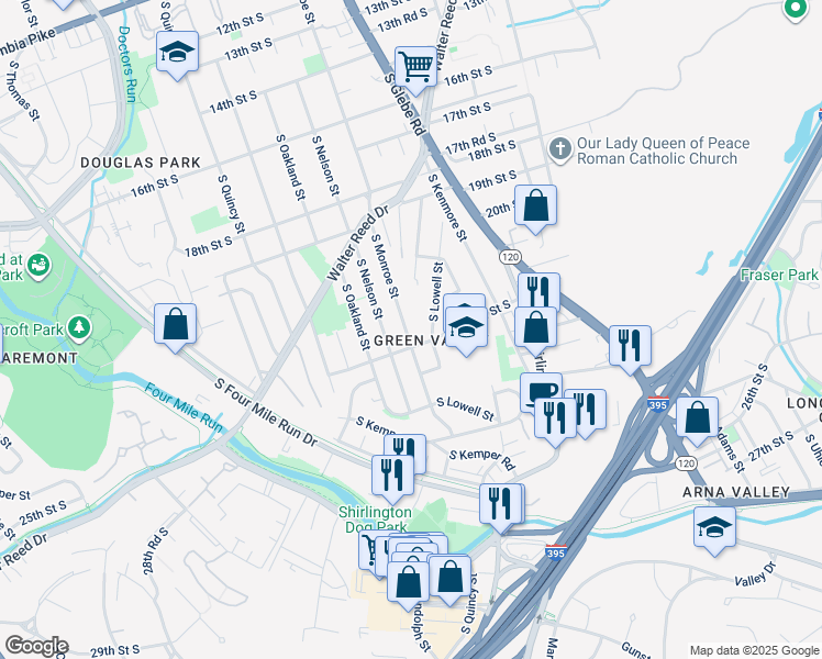 map of restaurants, bars, coffee shops, grocery stores, and more near 2139 South Monroe Street in Arlington