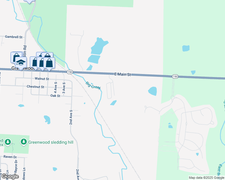 map of restaurants, bars, coffee shops, grocery stores, and more near 503 East Main Street in Greenwood