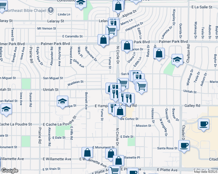map of restaurants, bars, coffee shops, grocery stores, and more near 2770 East Uintah Street in Colorado Springs