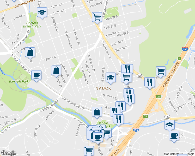 map of restaurants, bars, coffee shops, grocery stores, and more near 2139 South Monroe Street in Arlington