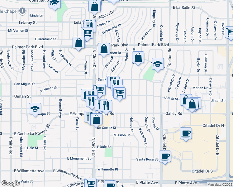 map of restaurants, bars, coffee shops, grocery stores, and more near 1223 North Circle Drive in Colorado Springs