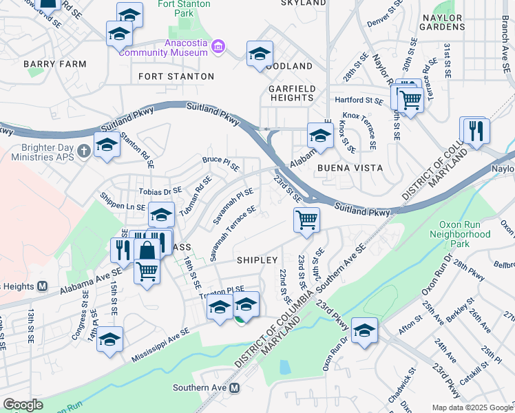 map of restaurants, bars, coffee shops, grocery stores, and more near 22nd Street Southeast & Savannah Terrace Southeast in Washington