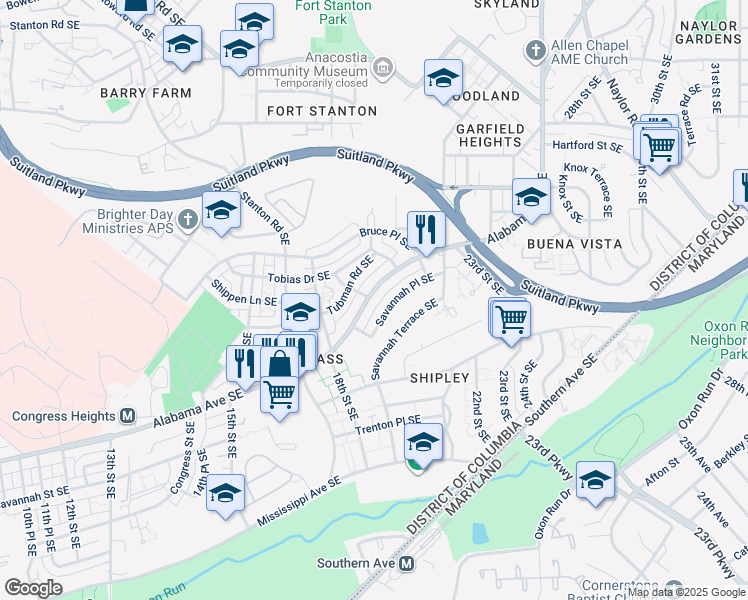 map of restaurants, bars, coffee shops, grocery stores, and more near 1889 Alabama Avenue Southeast in Washington