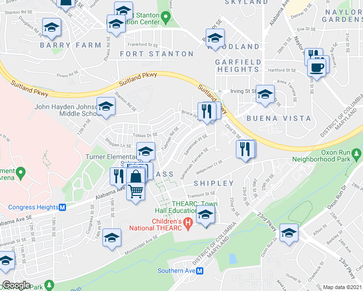 map of restaurants, bars, coffee shops, grocery stores, and more near 1889 Alabama Avenue Southeast in Washington