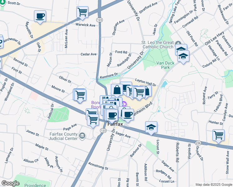 map of restaurants, bars, coffee shops, grocery stores, and more near 10400 Whitehead Street in Fairfax