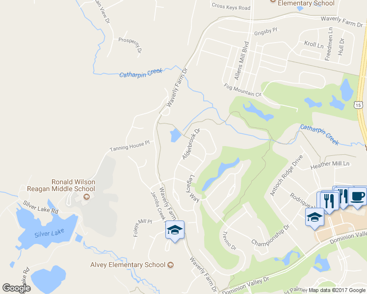 map of restaurants, bars, coffee shops, grocery stores, and more near 15621 Alderbrook Drive in Haymarket